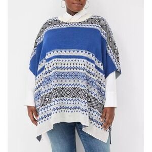 NEW Lane Bryant Fair Isle Nordic Poncho Sweater Cozy Blue White Plus Size 22/24